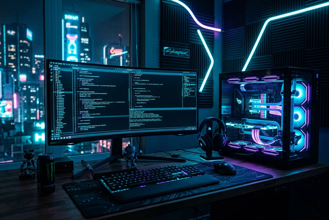 High-tech gaming station with neon aesthetics